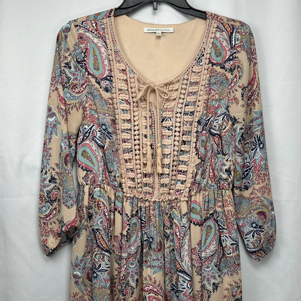 Daniel Rainn Boho Paisley Crochet Lace Up Tassel Beige Mini Dress